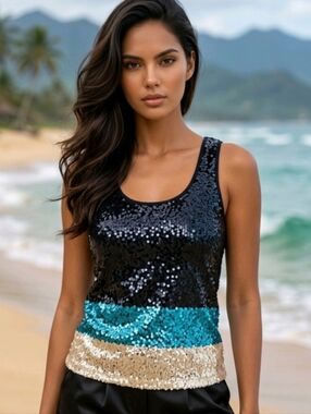 NWT Studio Y Sequin Color Block Tank Navy Turquoise White  Sm